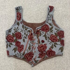 Cider Women 2XL Blue Floral Knit Lace Up Corset Crop Top Rose Jacquard